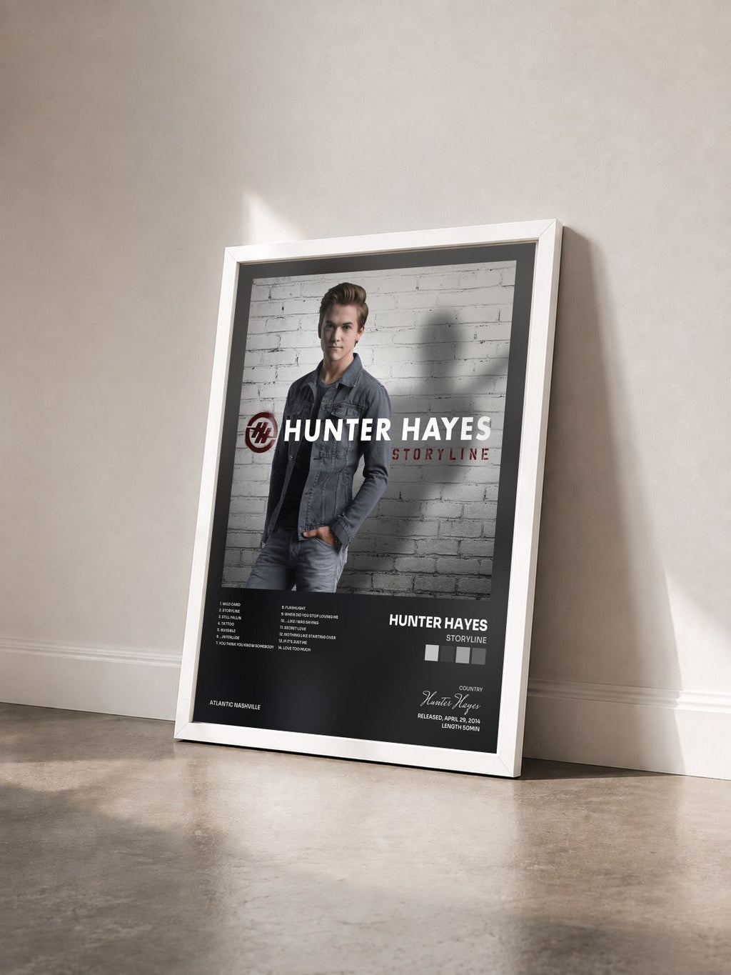 #blanc Tableau de l'album Storyline de Hunter Hayes vu de trois quarts, cadre blanc