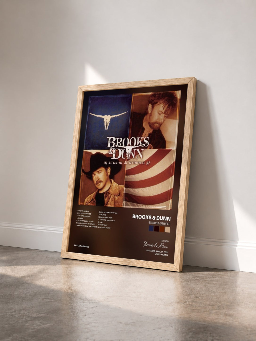 #bois Tableau de l'album Steers & Stripes de Brooks & Dunn vu de trois quarts, cadre en bois brut