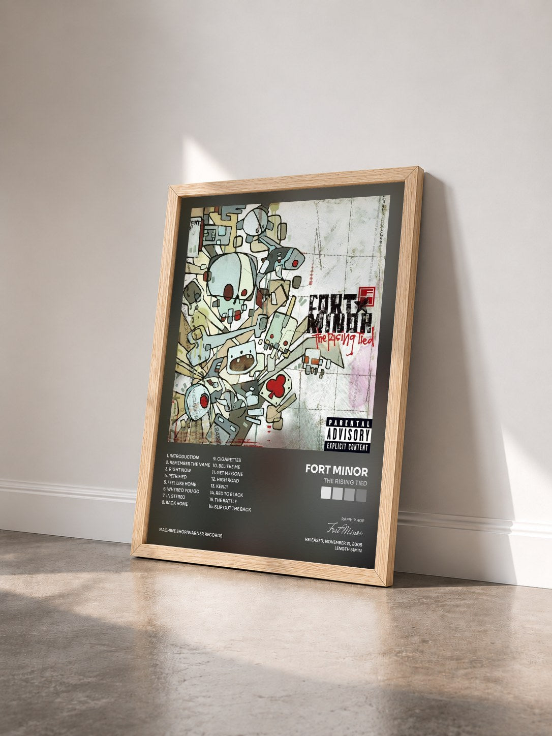 #bois Tableau de l'album The Rising Tied de Fort Minor vu de trois quarts, cadre en bois brut