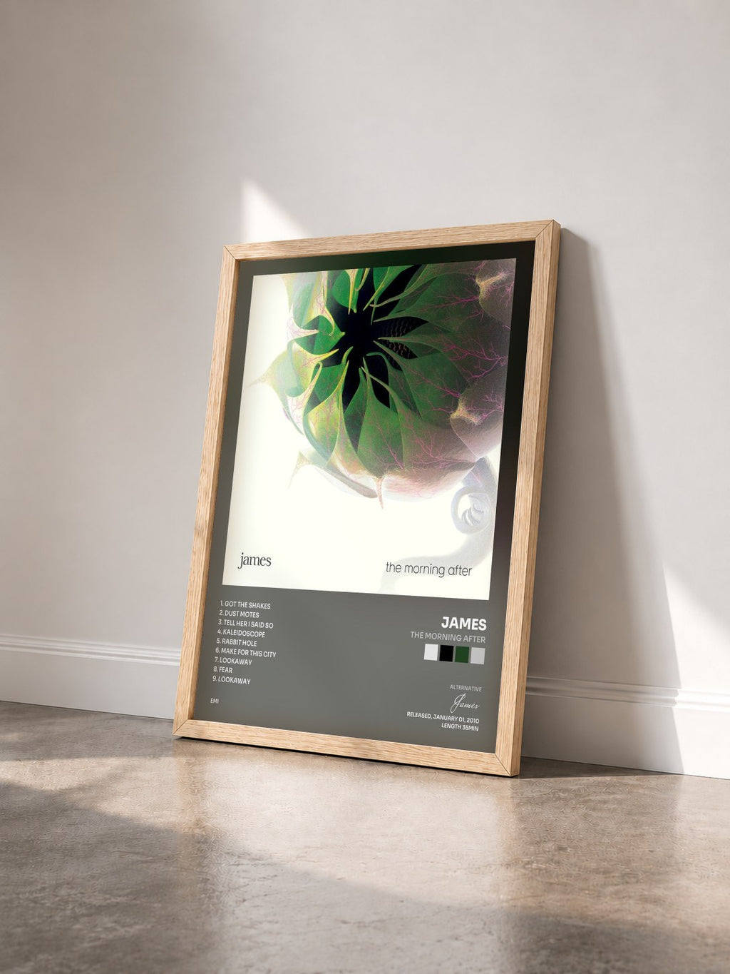 #bois Tableau de l'album The Morning After de James vu de trois quarts, cadre en bois brut