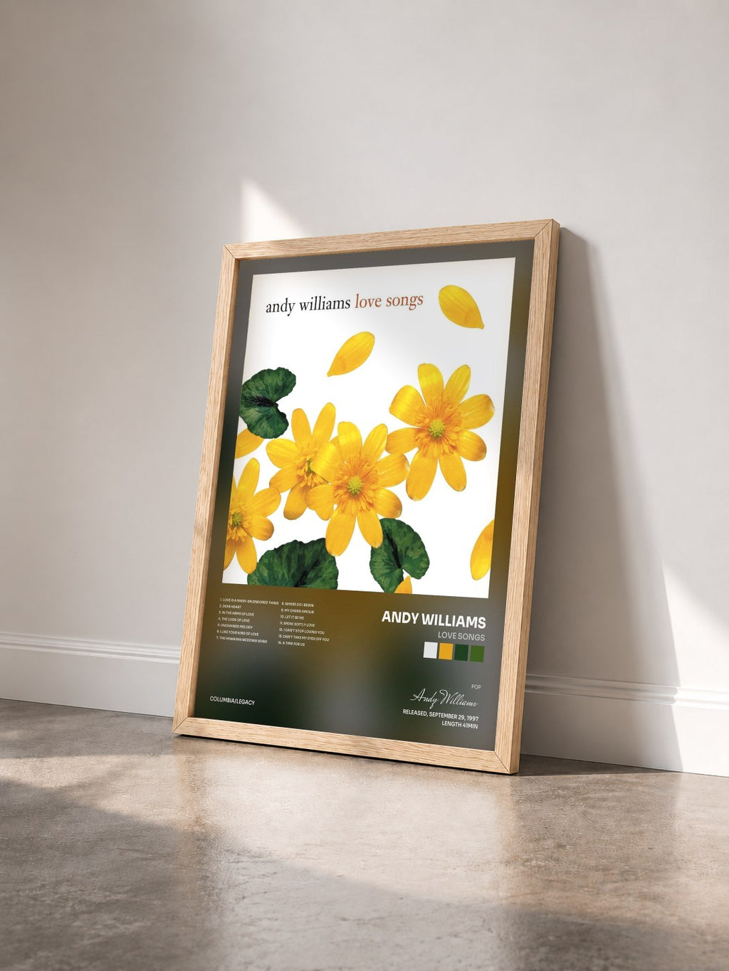 #bois Tableau de l'album Love Songs de Andy Williams vu de trois quarts, cadre en bois brut