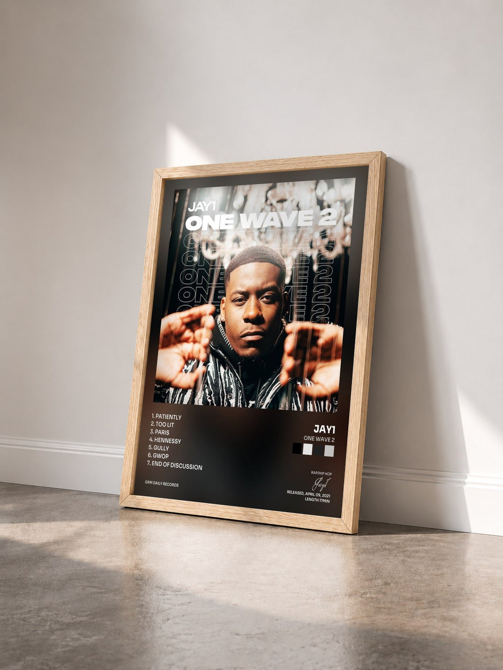 #bois Tableau de l'album One Wave 2 de Jay1 vu de trois quarts, cadre en bois brut