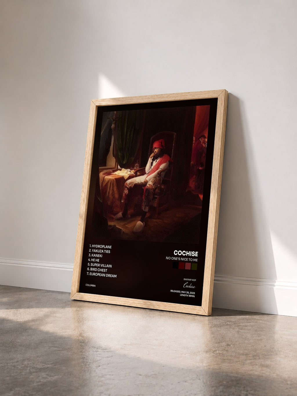 #bois Tableau de l'album NO ONE'S NICE TO ME de Cochise vu de trois quarts, cadre en bois brut