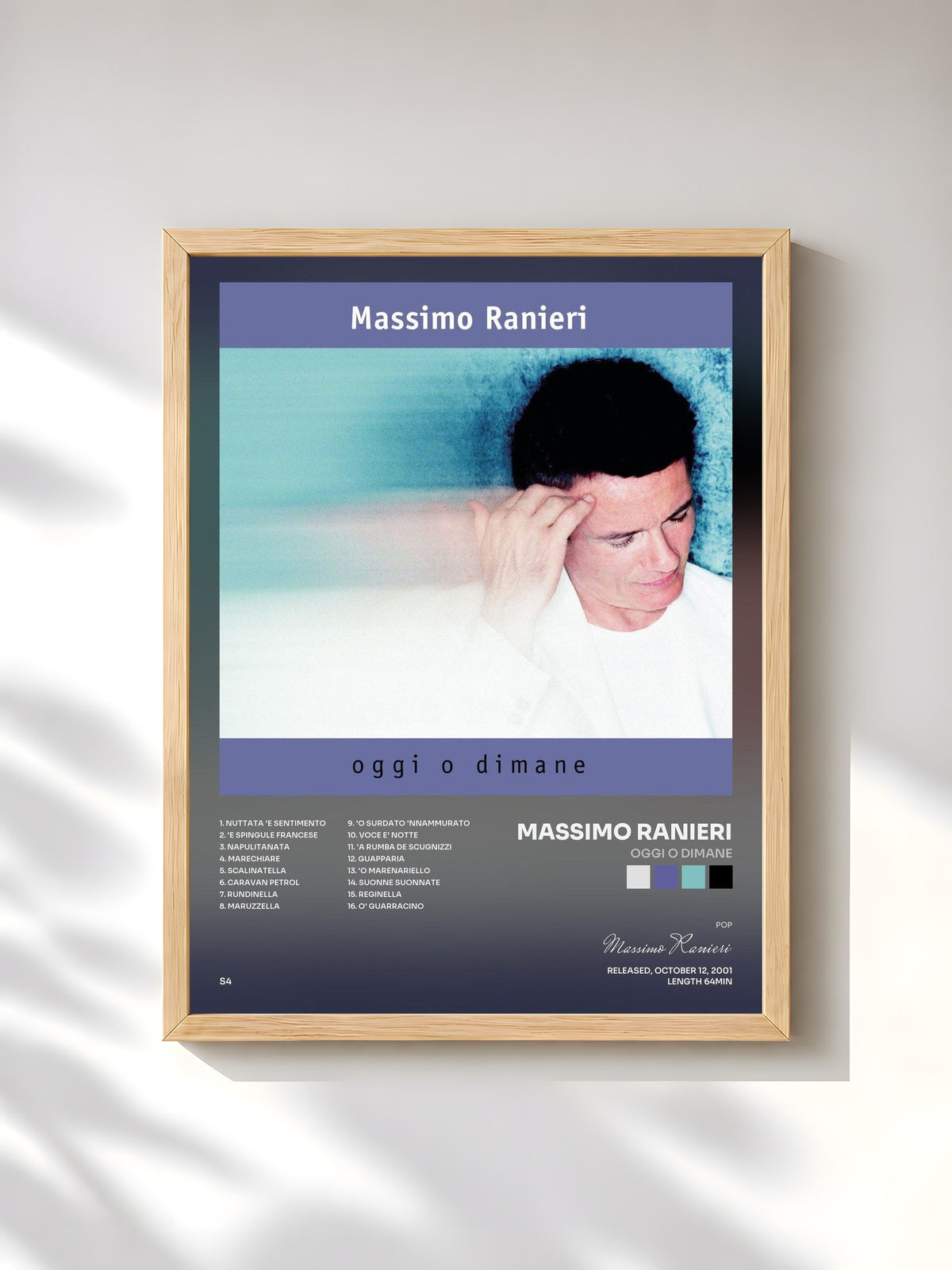 #bois Tableau de l'album Oggi O Dimane de Massimo Ranieri, cadre en bois brut, imprimé et encadré en France