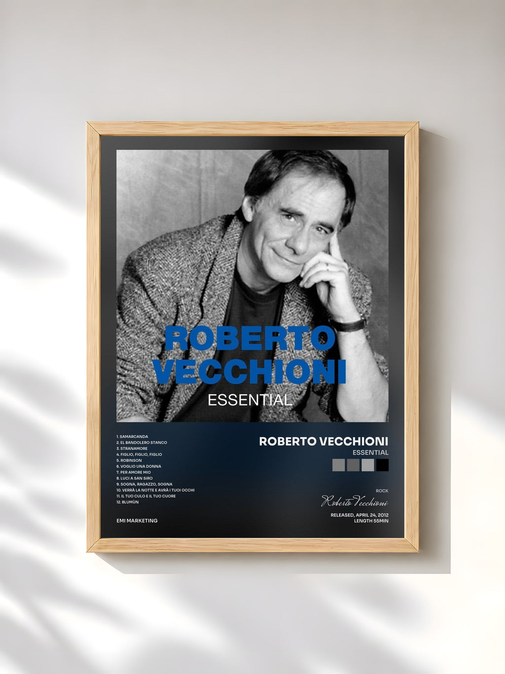 #bois Tableau de l'album Essential de Roberto Vecchioni, cadre en bois brut, imprimé et encadré en France
