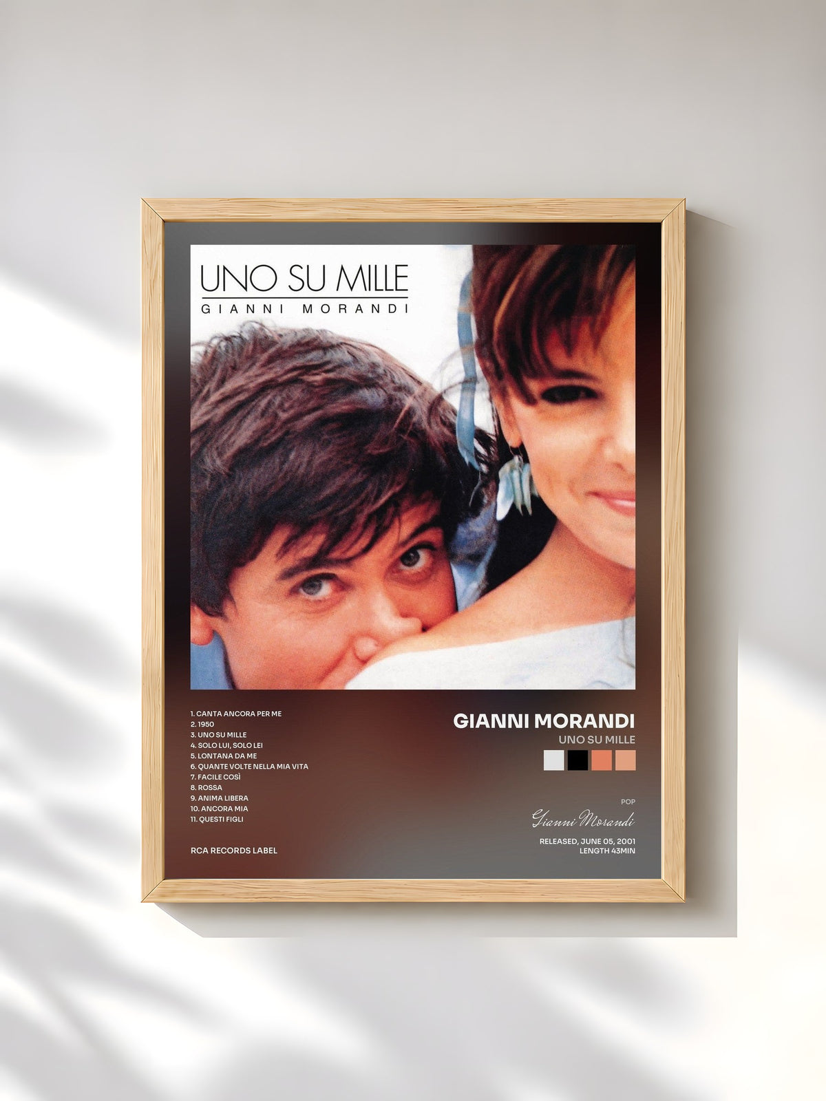 #bois Tableau de l'album Uno Su Mille de Gianni Morandi, cadre en bois brut, imprimé et encadré en France