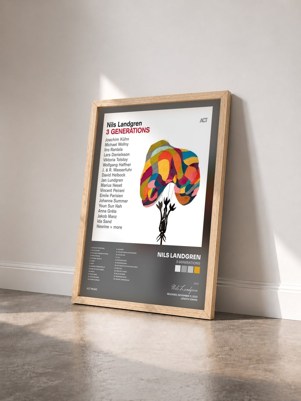 #bois Tableau de l'album 3 Generations de Nils Landgren vu de trois quarts, cadre en bois brut