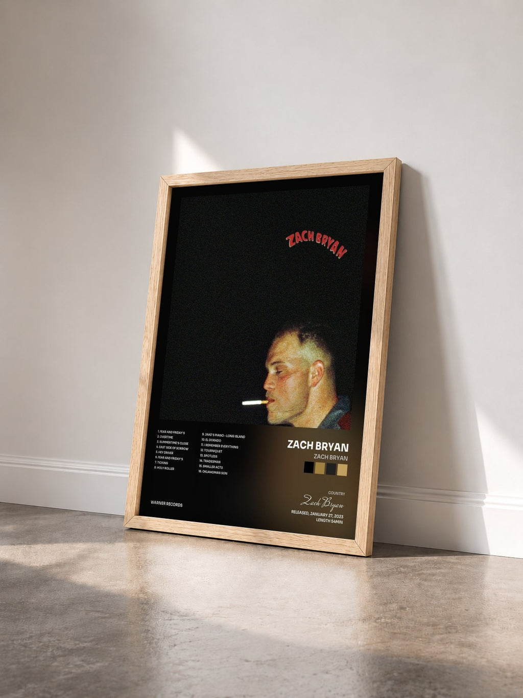 #bois Tableau de l'album Zach Bryan de Zach Bryan vu de trois quarts, cadre en bois brut