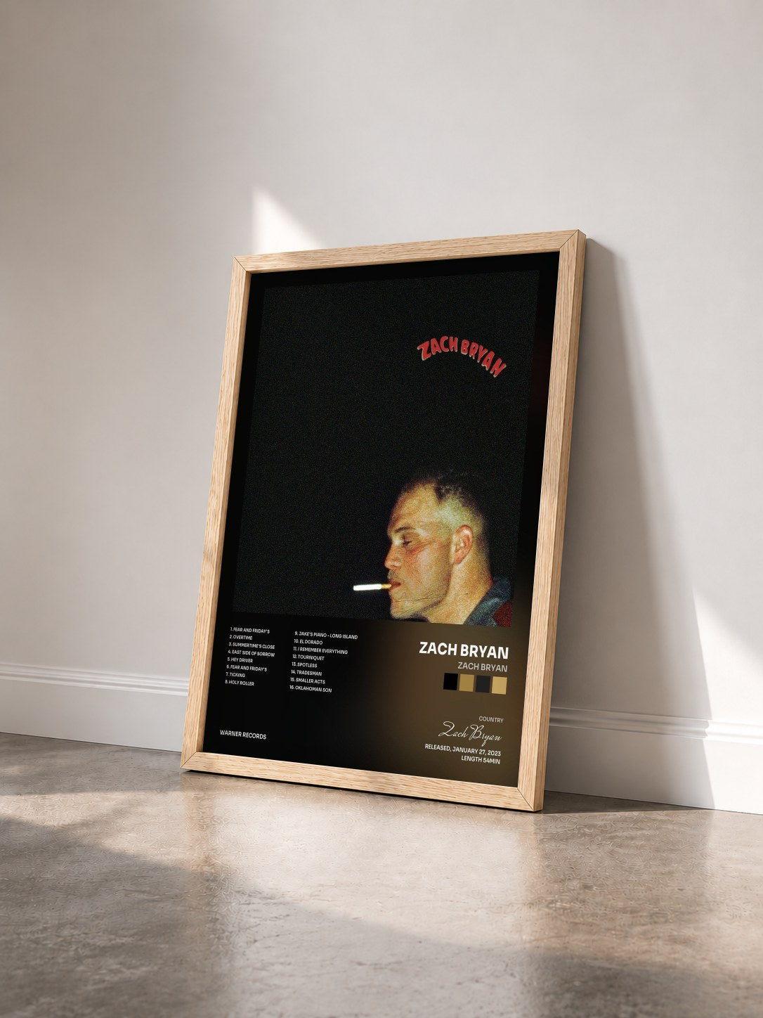 #bois Tableau de l'album Zach Bryan de Zach Bryan vu de trois quarts, cadre en bois brut