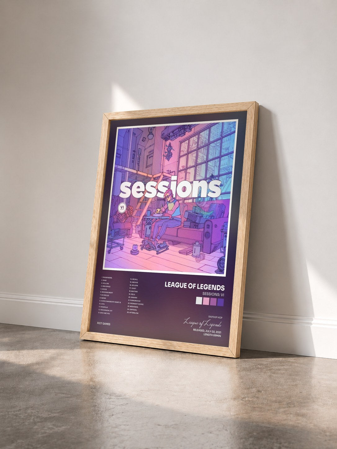 #bois Tableau de l'album Sessions: Vi de League of Legends vu de trois quarts, cadre en bois brut