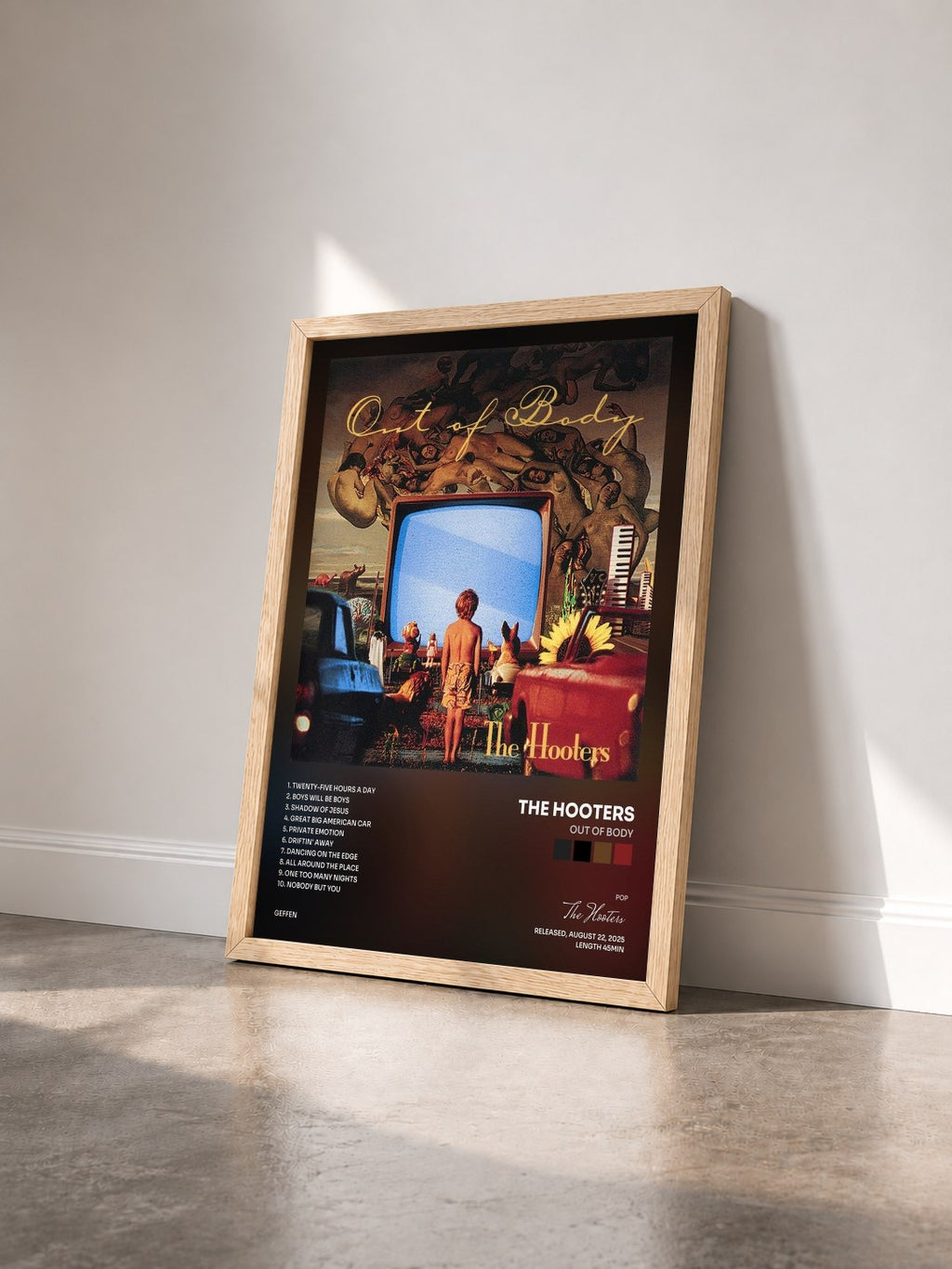 #bois Tableau de l'album Out Of Body de The Hooters vu de trois quarts, cadre en bois brut