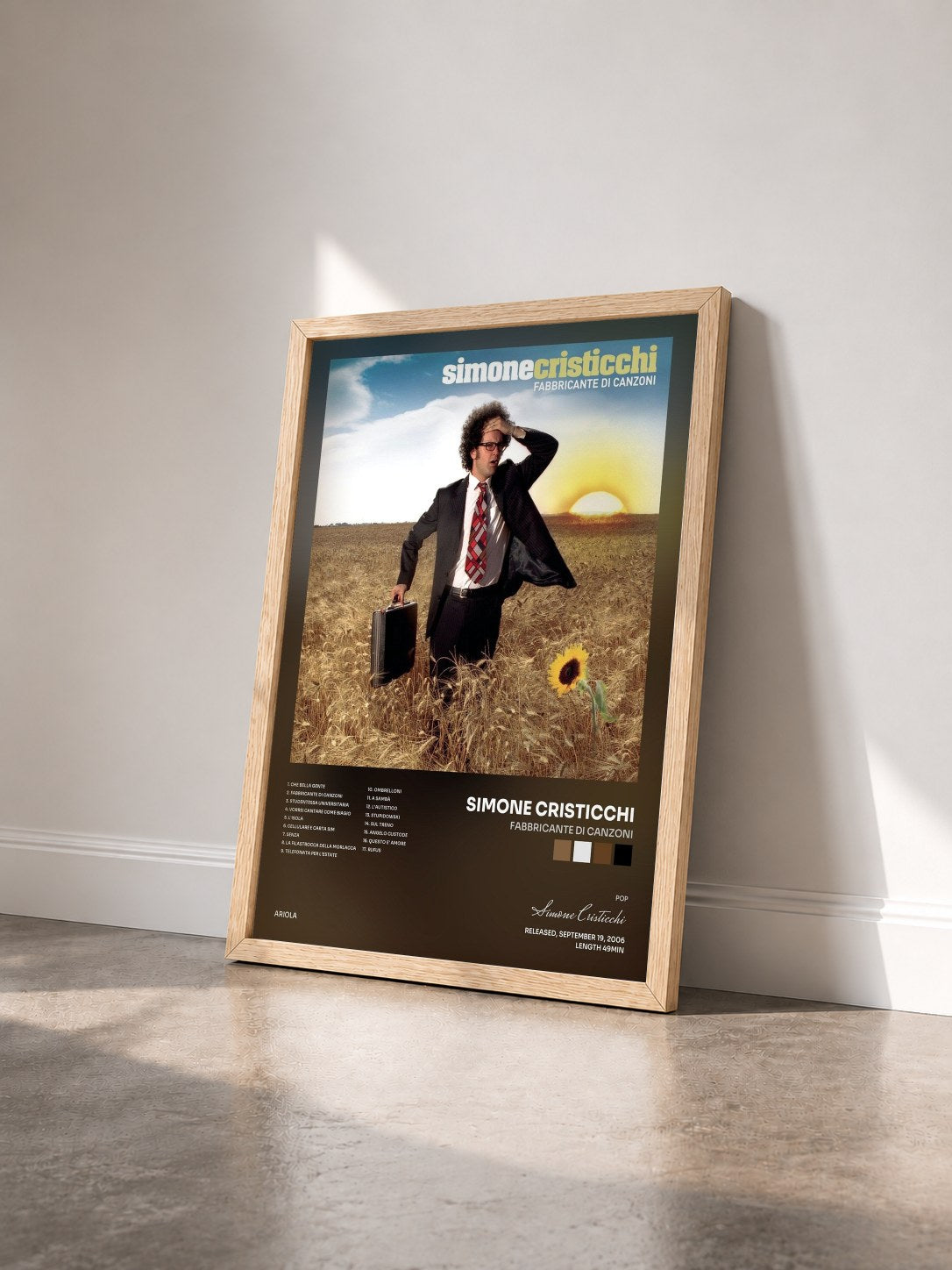 #bois Tableau de l'album Fabbricante di canzoni de Simone Cristicchi vu de trois quarts, cadre en bois brut