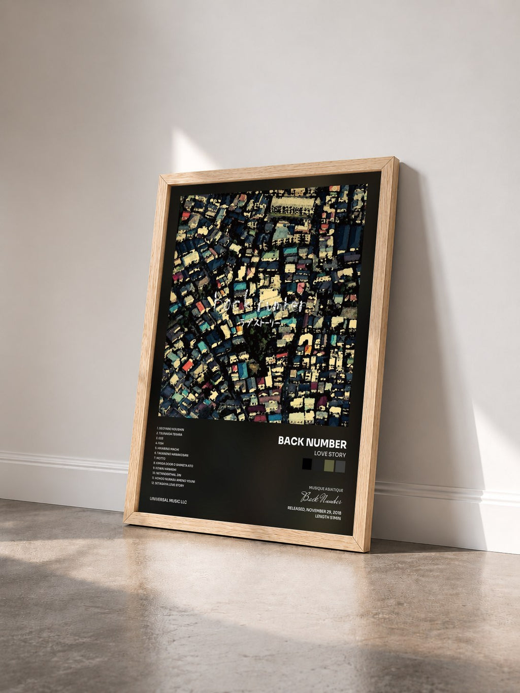 #bois Tableau de l'album Love Story de Back Number vu de trois quarts, cadre en bois brut
