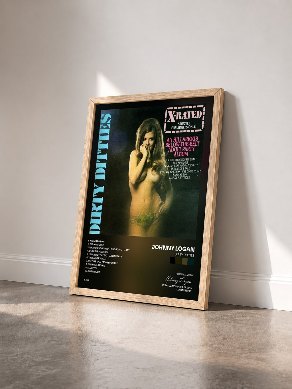 #bois Tableau de l'album Dirty Ditties de Johnny Logan vu de trois quarts, cadre en bois brut