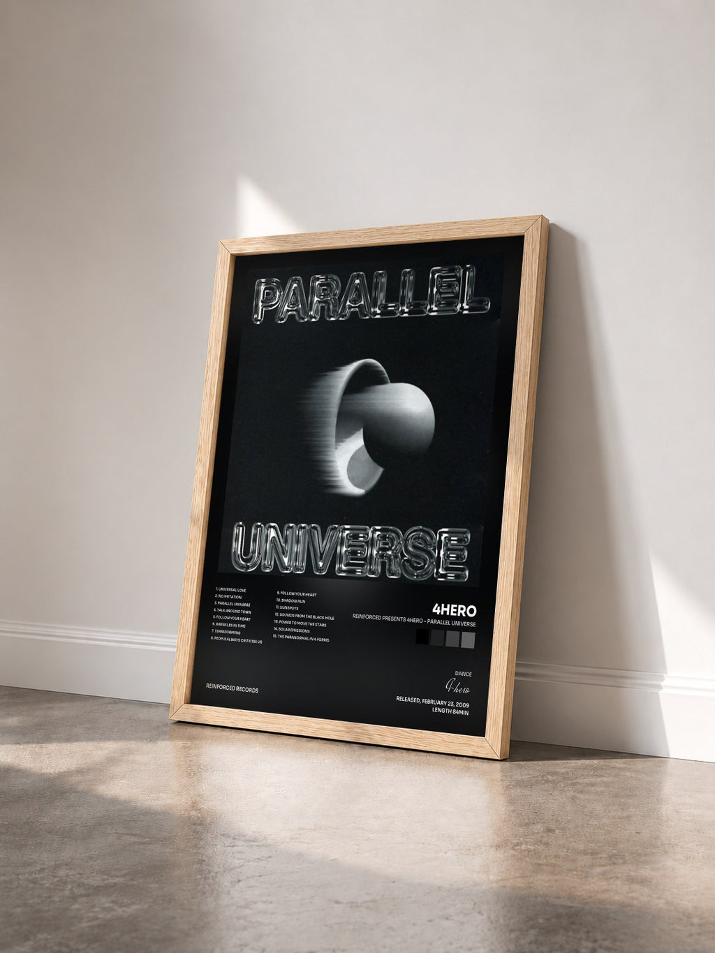 #bois Tableau de l'album Reinforced presents 4hero - Parallel Universe de 4hero vu de trois quarts, cadre en bois brut