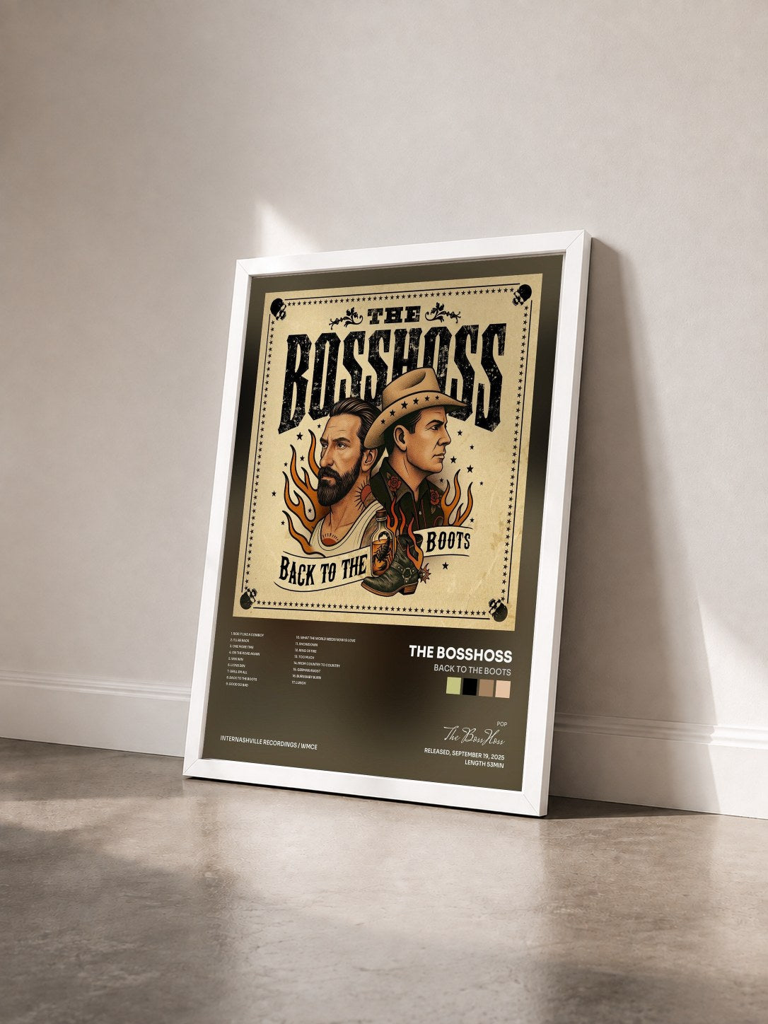 #blanc Tableau de l'album Back to the Boots de The BossHoss vu de trois quarts, cadre blanc