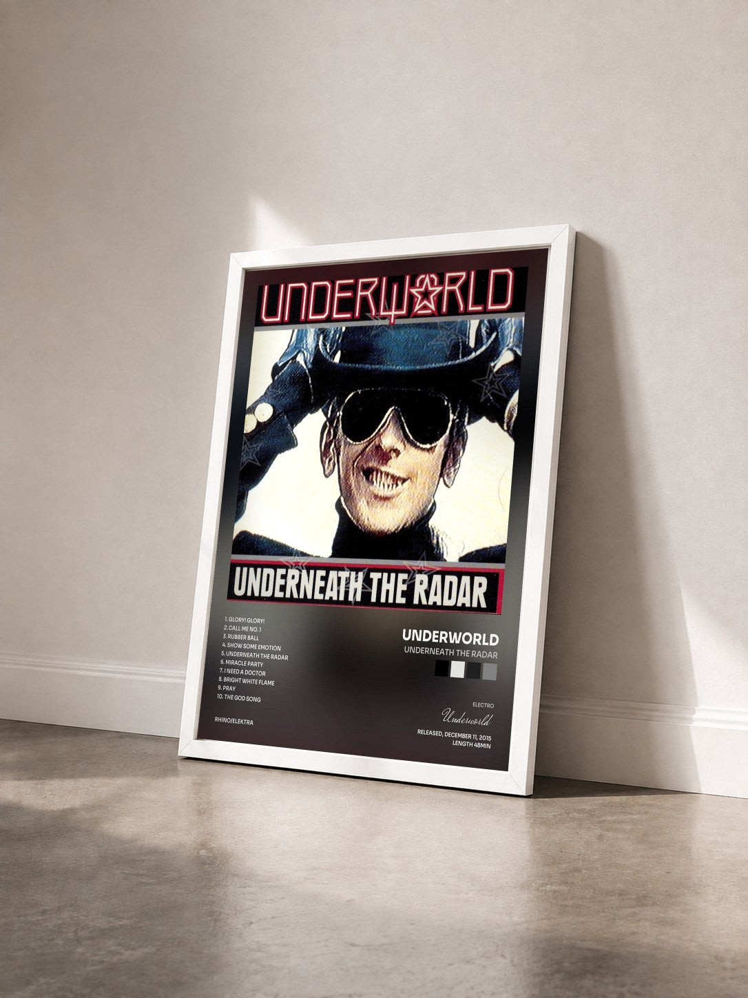 #blanc Tableau de l'album Underneath The Radar de Underworld vu de trois quarts, cadre blanc