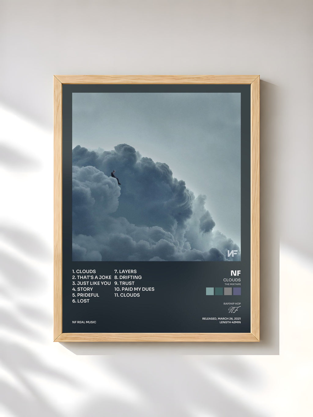 #bois Tableau de l'album CLOUDS (THE MIXTAPE) de NF, cadre en bois brut, imprimé et encadré en France