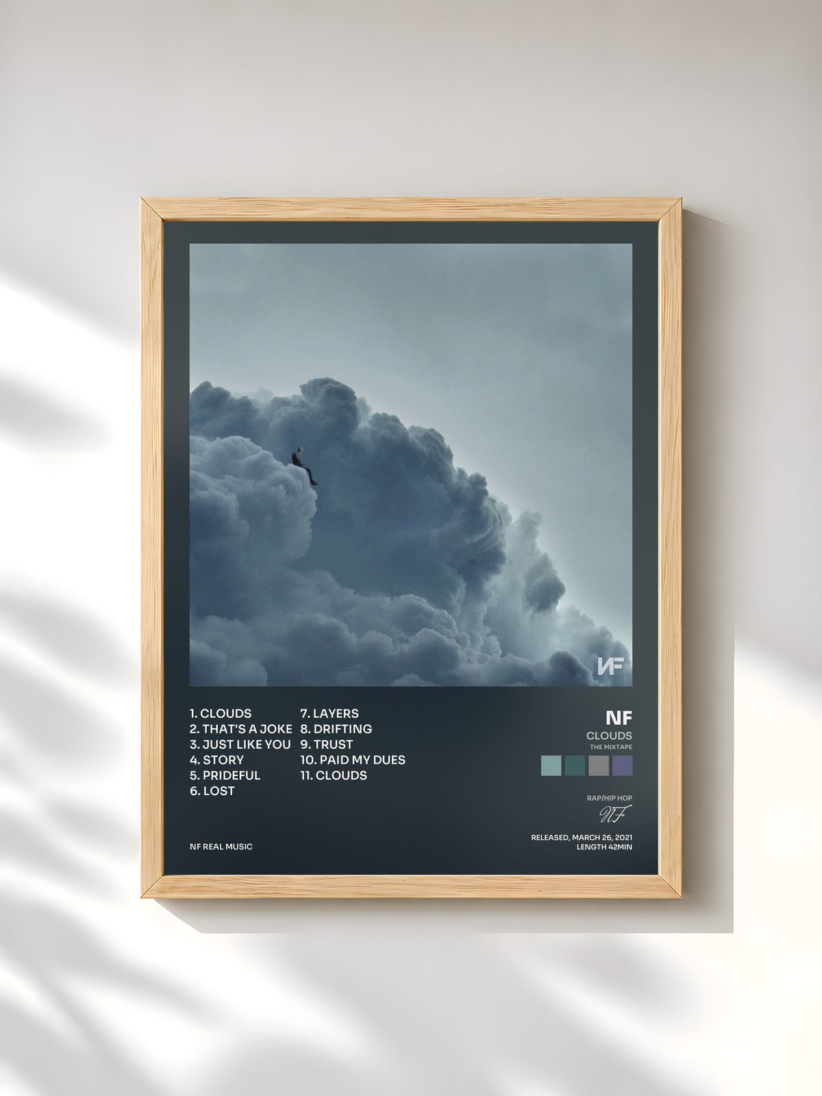 #bois Tableau de l'album CLOUDS (THE MIXTAPE) de NF, cadre en bois brut, imprimé et encadré en France