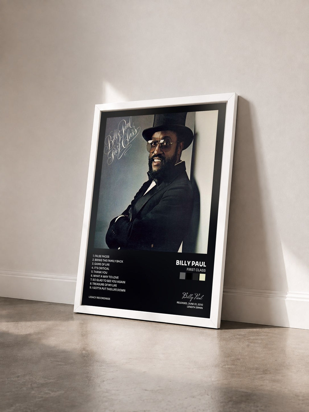 #blanc Tableau de l'album First Class de Billy Paul vu de trois quarts, cadre blanc