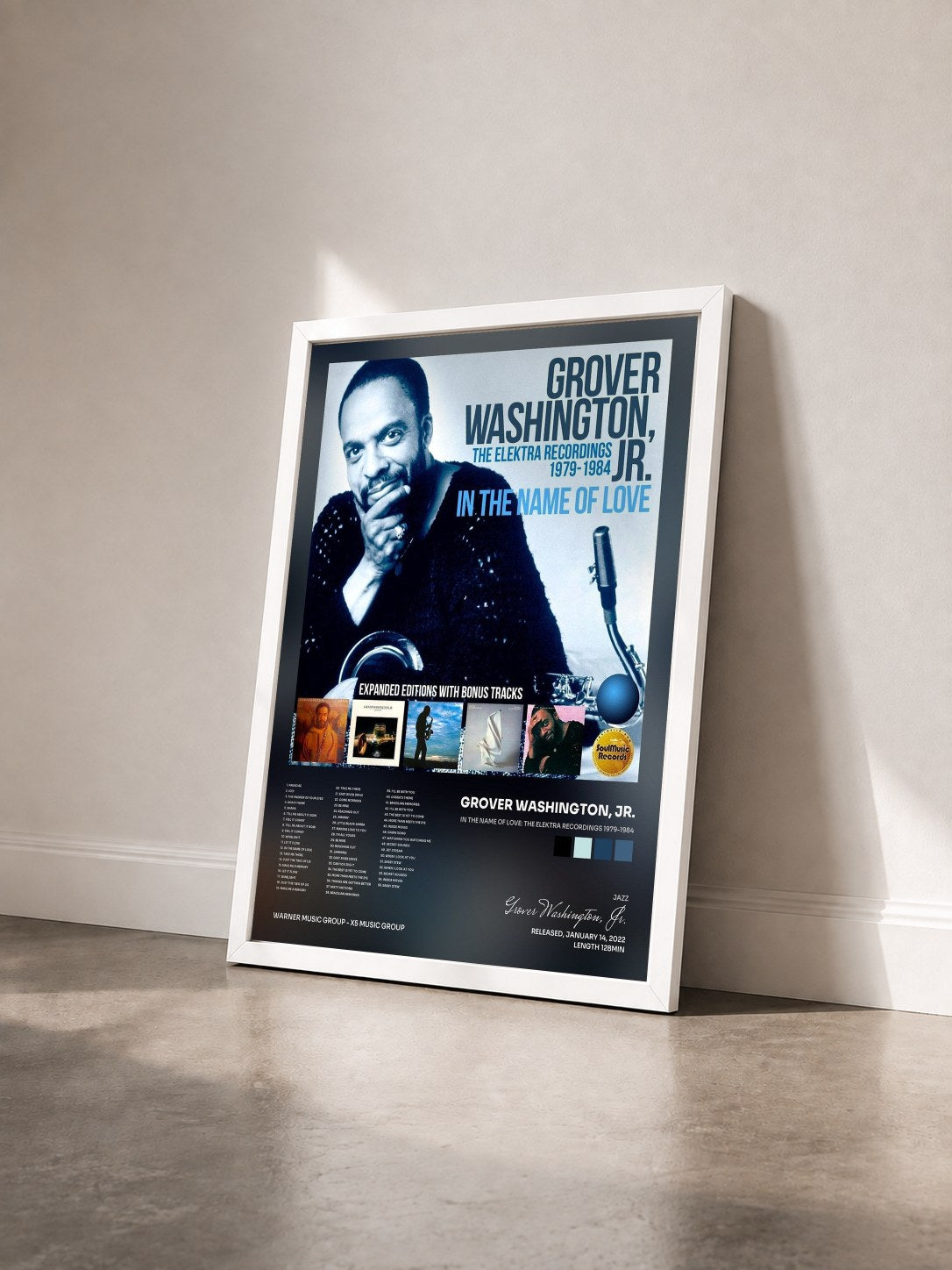 #blanc Tableau de l'album In the Name of Love: The Elektra Recordings 1979-1984 de Grover Washington, Jr. vu de trois quarts, cadre blanc