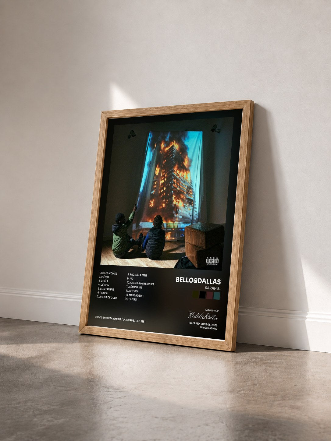 #bois Tableau de l'album Sarah B. de Bello&Dallas vu de trois quarts, cadre en bois brut