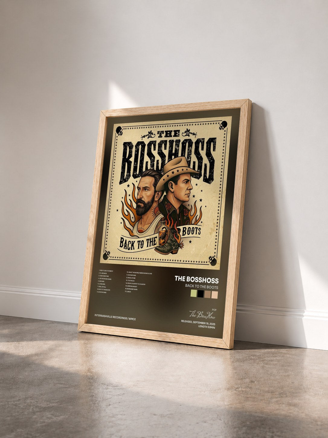 #bois Tableau de l'album Back to the Boots de The BossHoss vu de trois quarts, cadre en bois brut