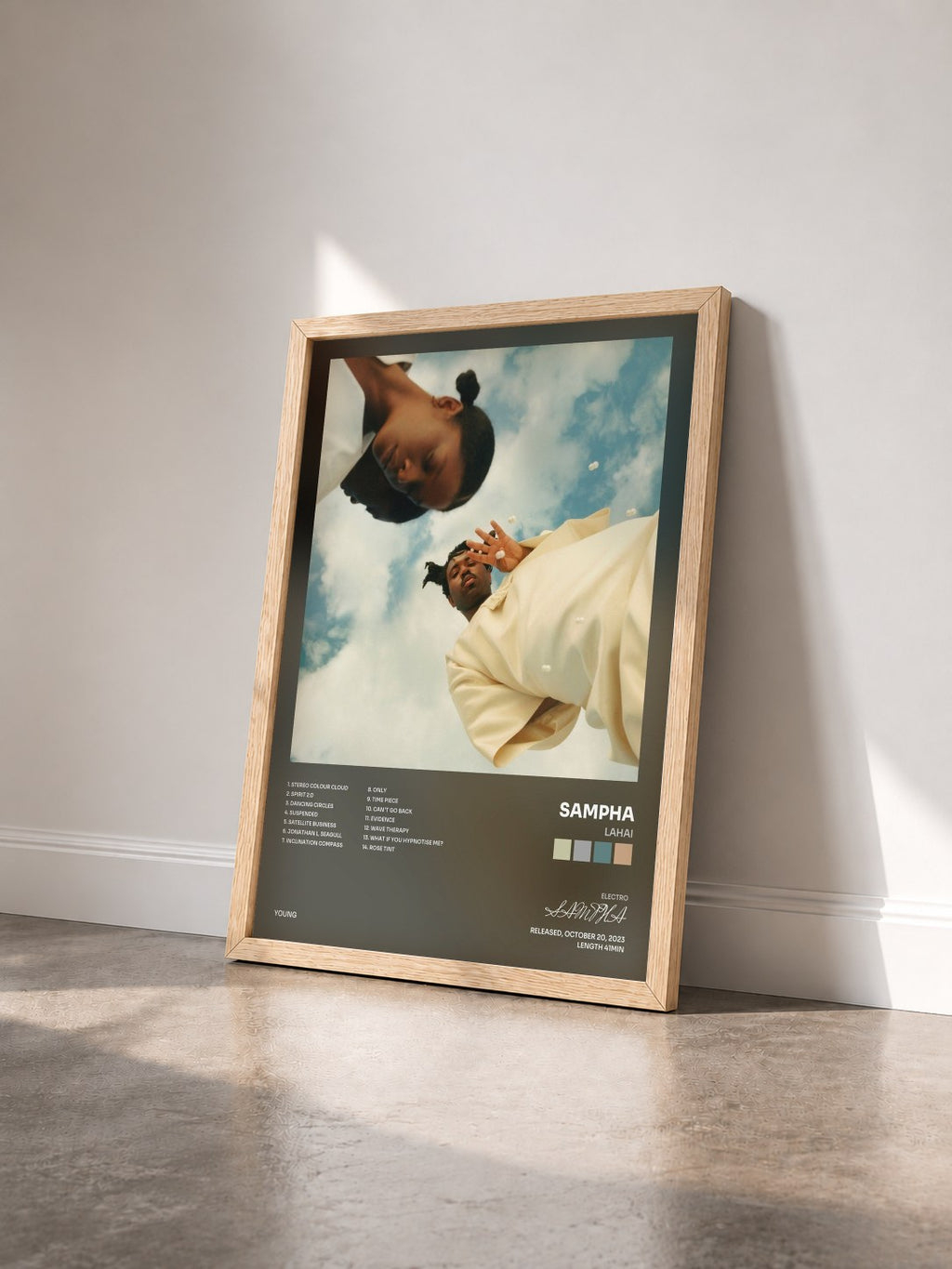 #bois Tableau de l'album Lahai de SAMPHA vu de trois quarts, cadre en bois brut