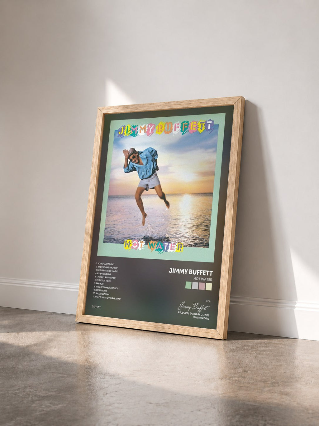 #bois Tableau de l'album Hot Water de Jimmy Buffett vu de trois quarts, cadre en bois brut