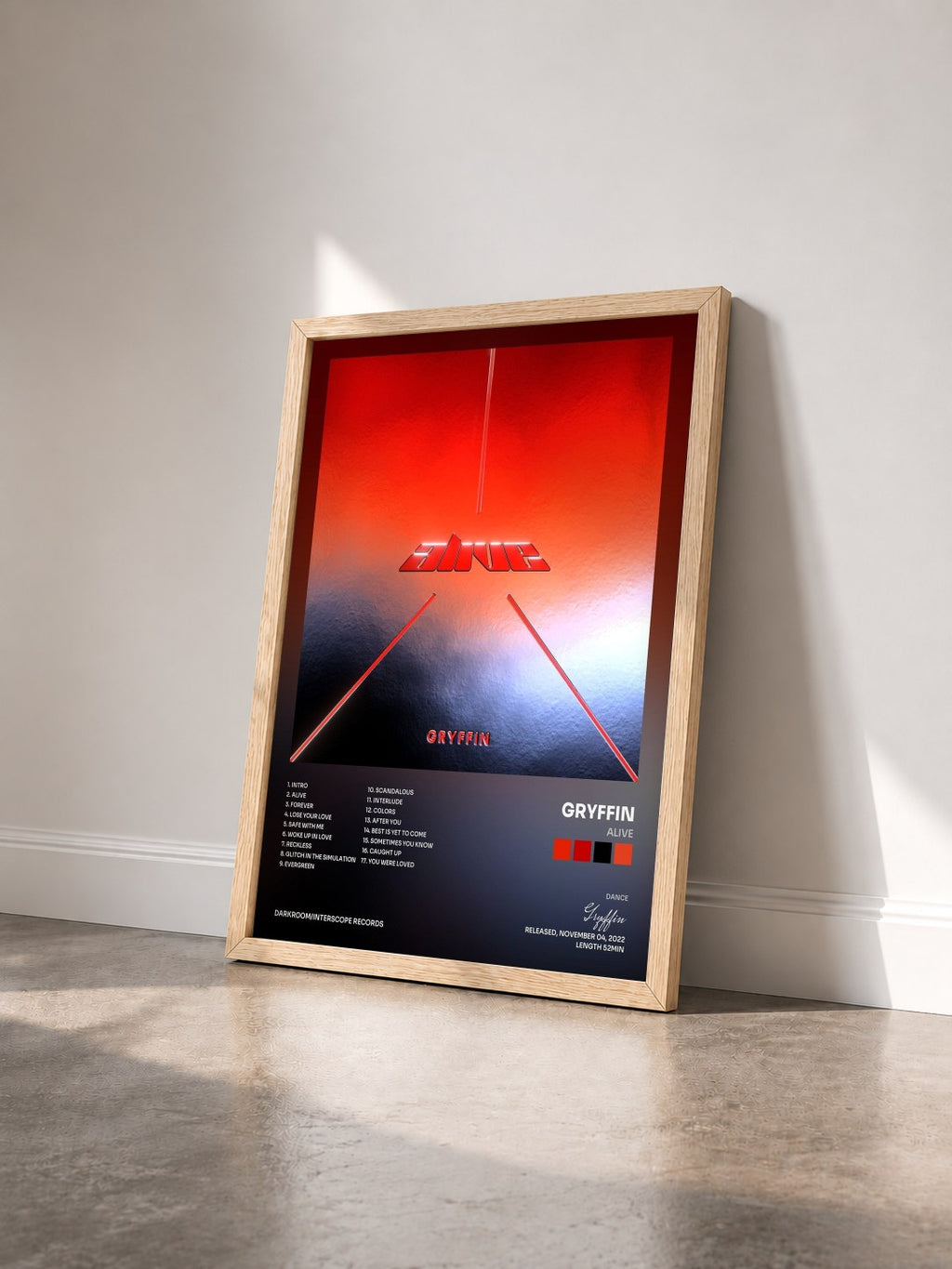 #bois Tableau de l'album Alive de Gryffin vu de trois quarts, cadre en bois brut