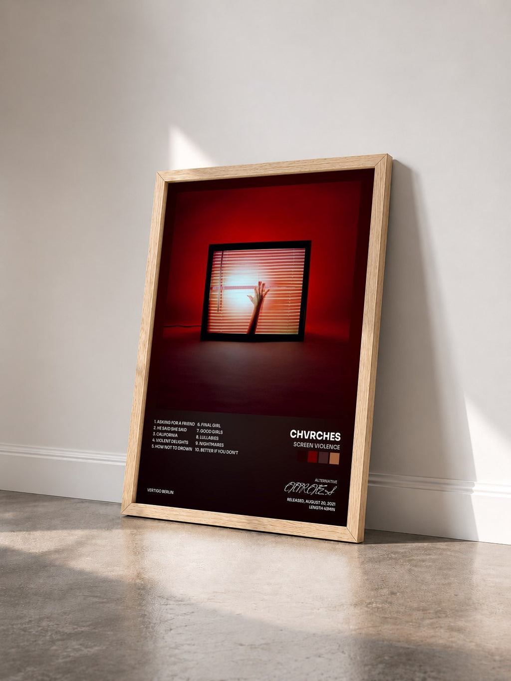 #bois Tableau de l'album Screen Violence de CHVRCHES vu de trois quarts, cadre en bois brut