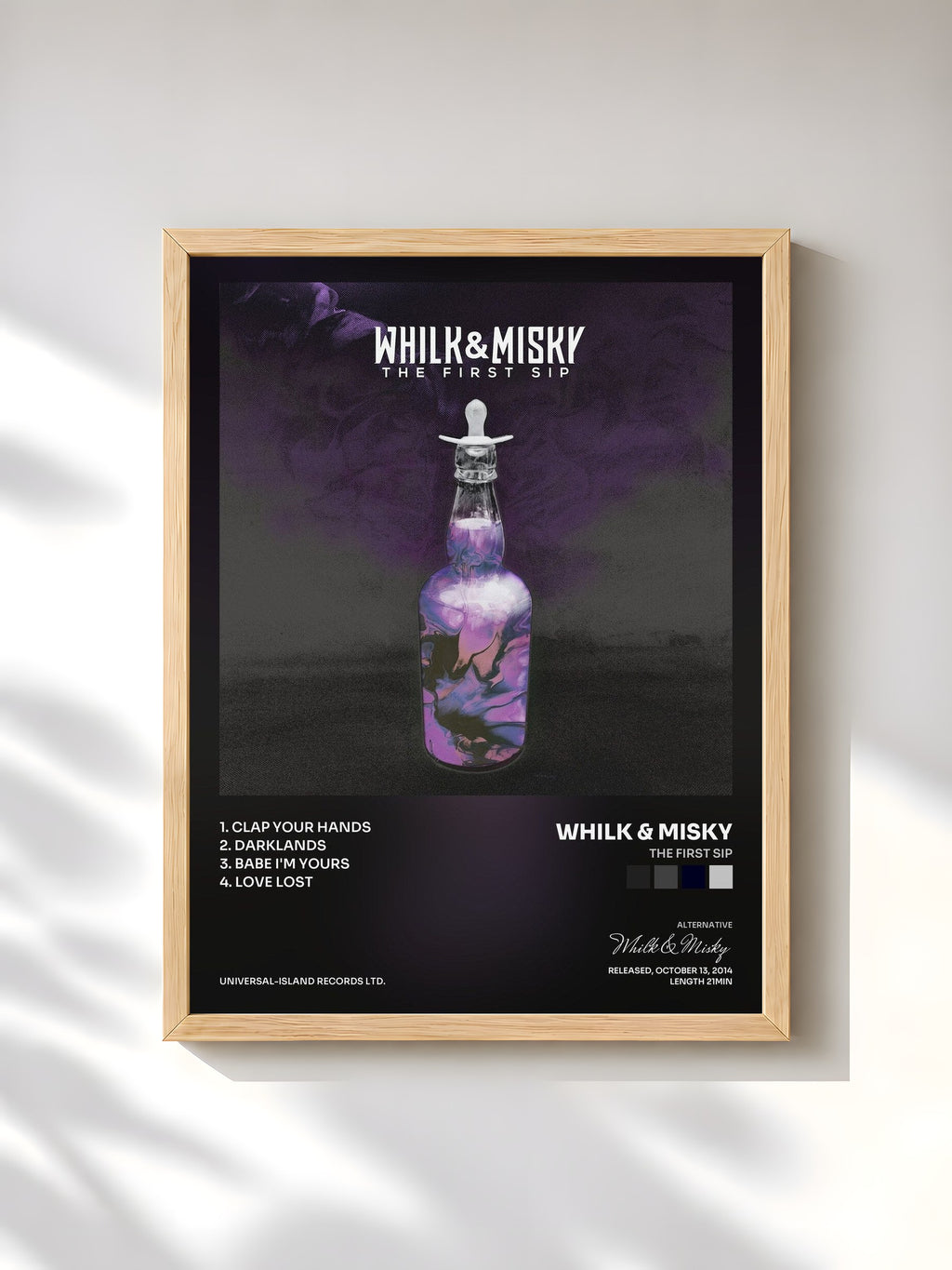 #bois Tableau de l'album The First Sip de Whilk & Misky, cadre en bois brut, imprimé et encadré en France