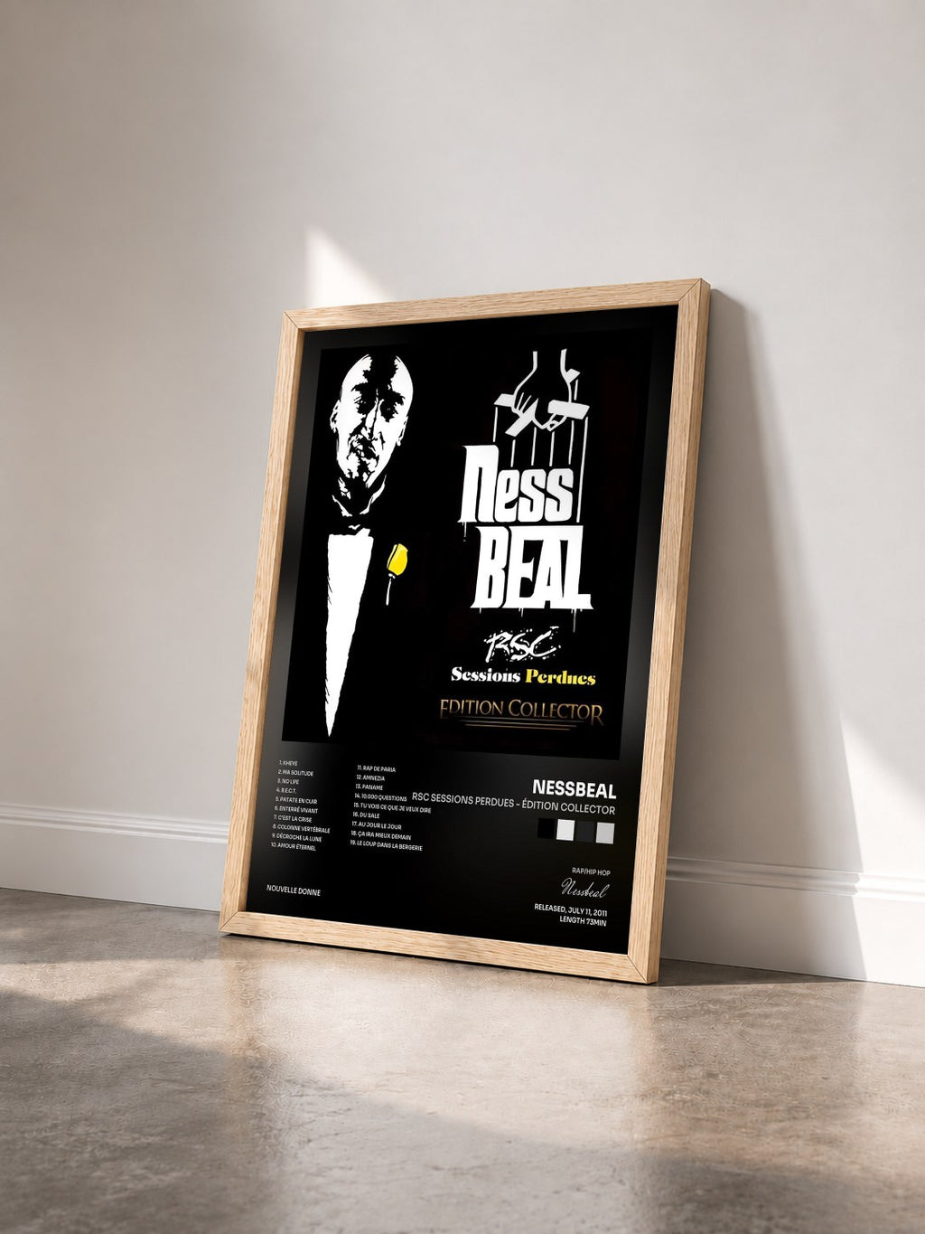 #bois Tableau de l'album RSC Sessions Perdues - Édition Collector de Nessbeal vu de trois quarts, cadre en bois brut