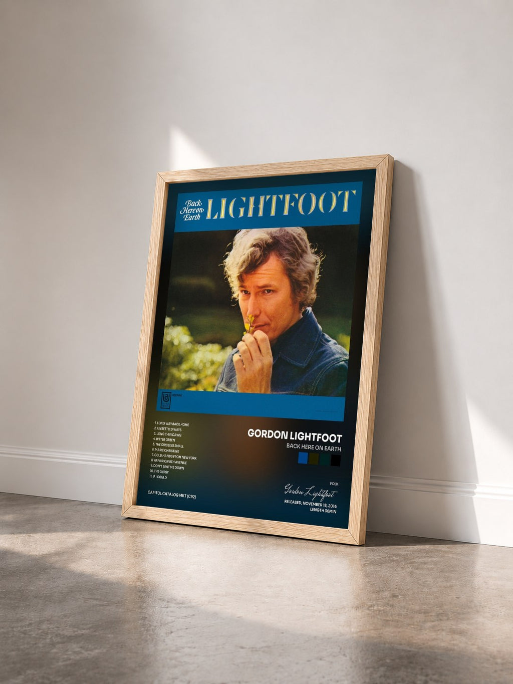 #bois Tableau de l'album Back Here On Earth de Gordon Lightfoot vu de trois quarts, cadre en bois brut