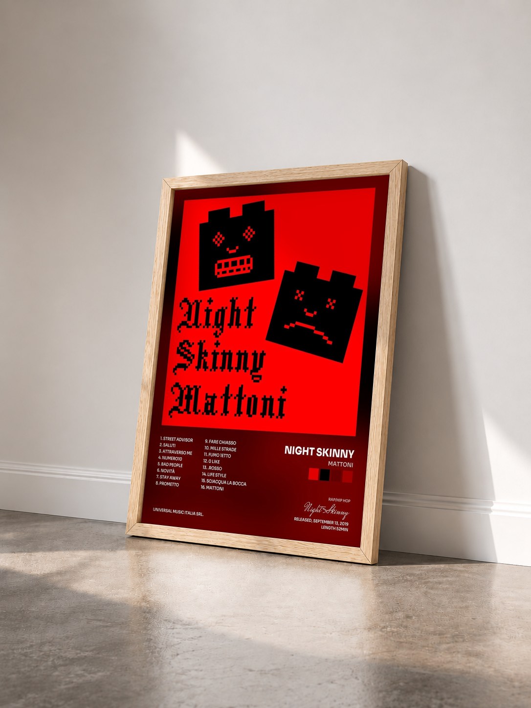 #bois Tableau de l'album Mattoni de Night Skinny vu de trois quarts, cadre en bois brut