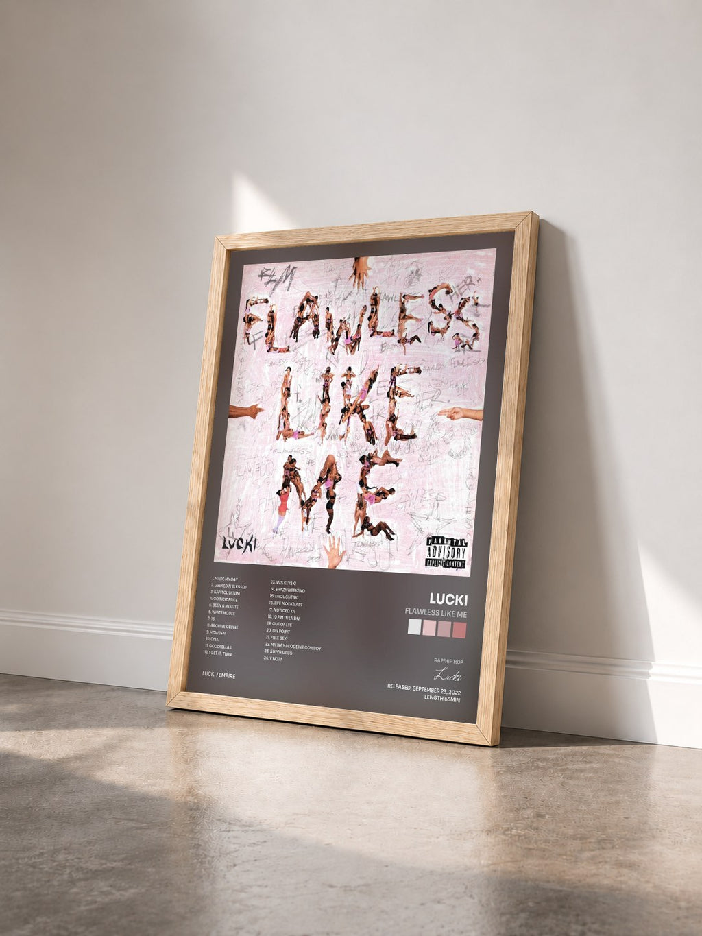 #bois Tableau de l'album FLAWLESS LIKE ME de Lucki vu de trois quarts, cadre en bois brut