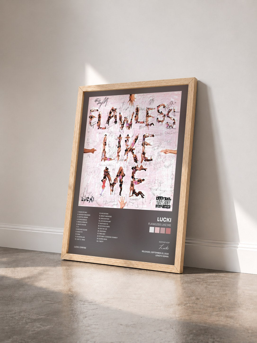 #bois Tableau de l'album FLAWLESS LIKE ME de Lucki vu de trois quarts, cadre en bois brut