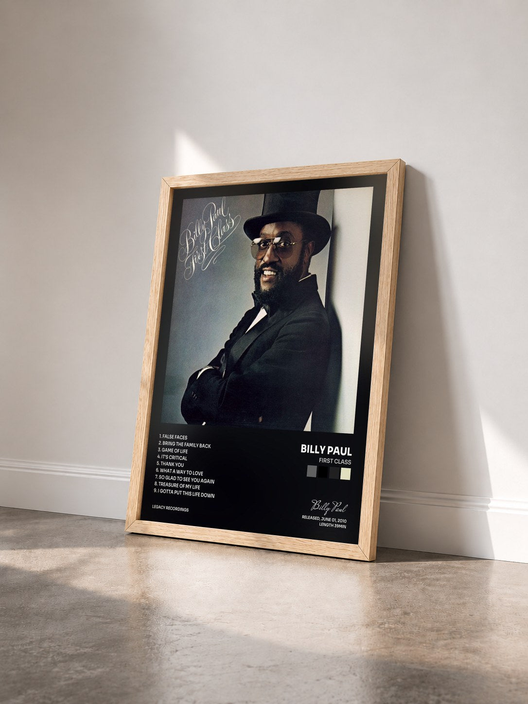 #bois Tableau de l'album First Class de Billy Paul vu de trois quarts, cadre en bois brut