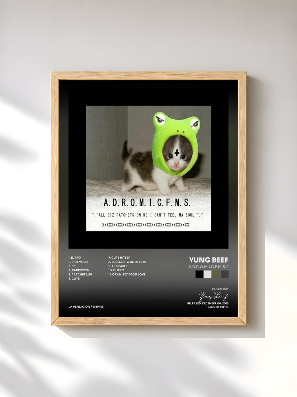 #bois Tableau de l'album A.D.R.O.M.I.C.F.M.S. 1 de Yung Beef, cadre en bois brut, imprimé et encadré en France