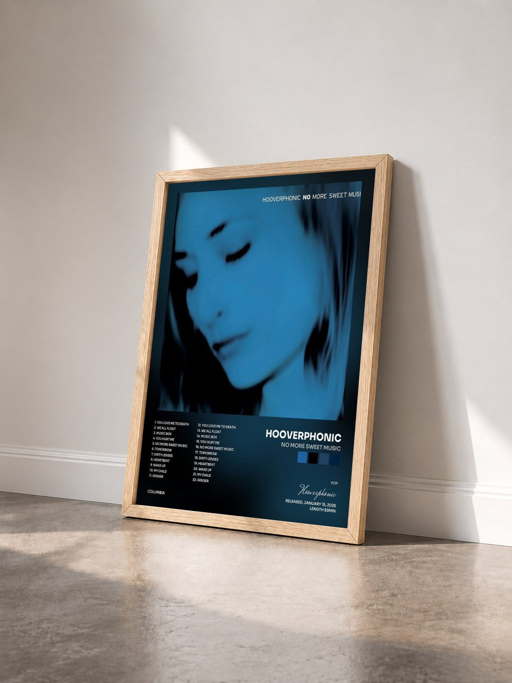 #bois Tableau de l'album No More Sweet Music de Hooverphonic vu de trois quarts, cadre en bois brut