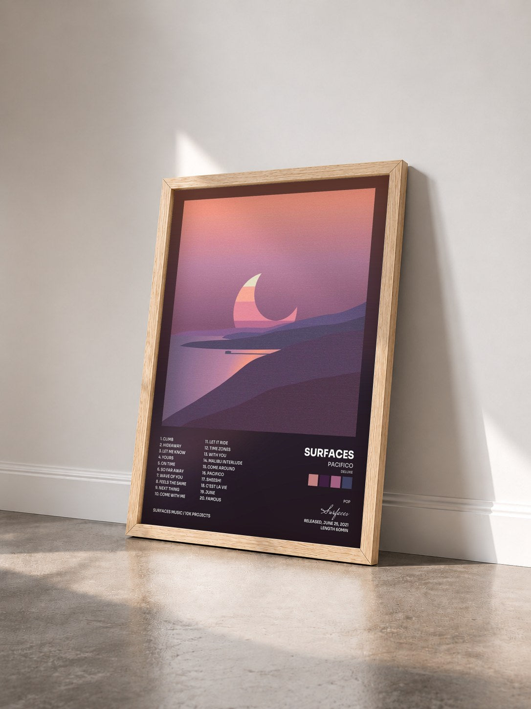 #bois Tableau de l'album Pacifico (Deluxe) de Surfaces vu de trois quarts, cadre en bois brut