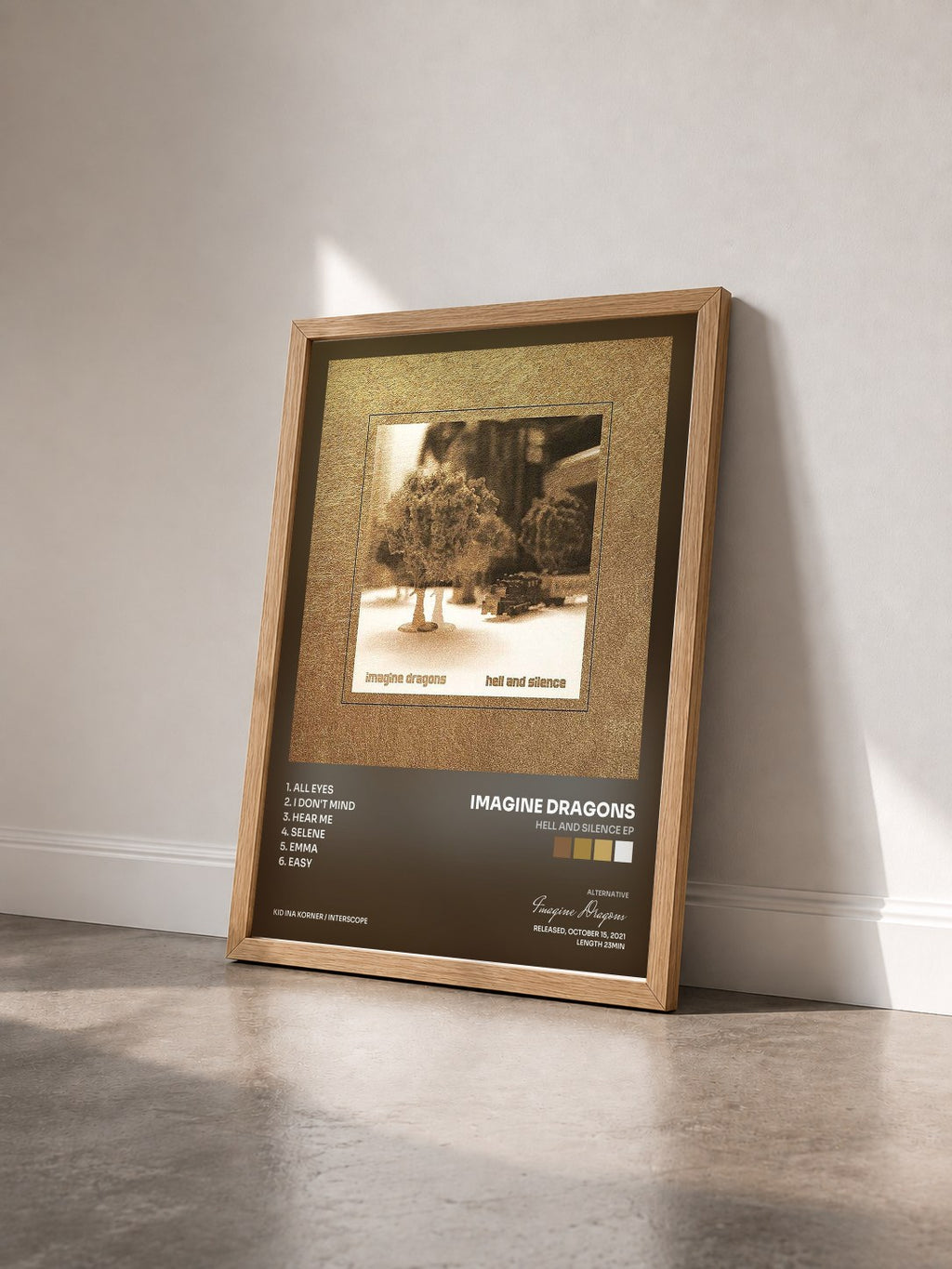 #bois Tableau de l'album Hell And Silence EP de Imagine Dragons vu de trois quarts, cadre en bois brut
