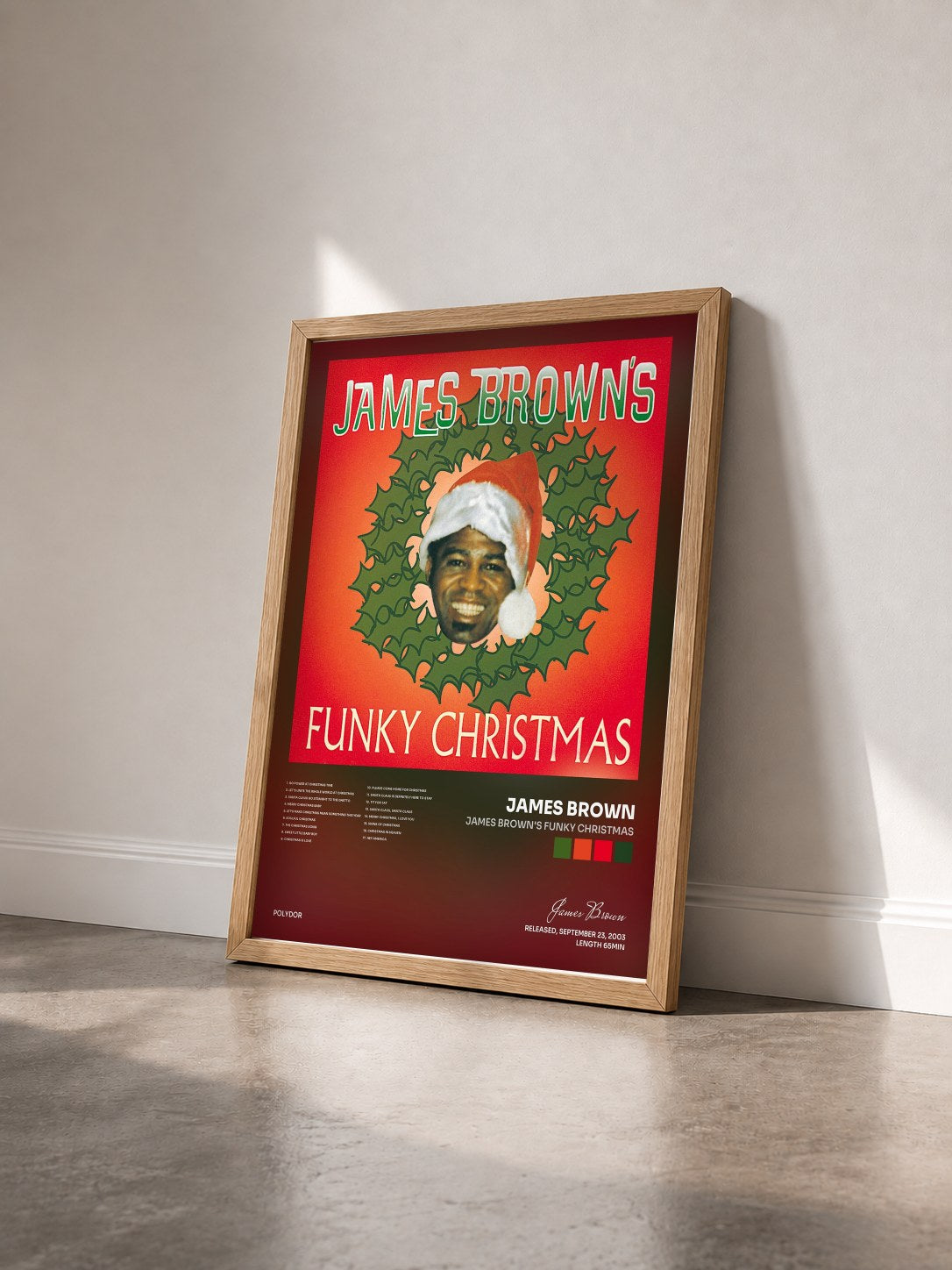 #bois Tableau de l'album James Brown's Funky Christmas de James Brown vu de trois quarts, cadre en bois brut