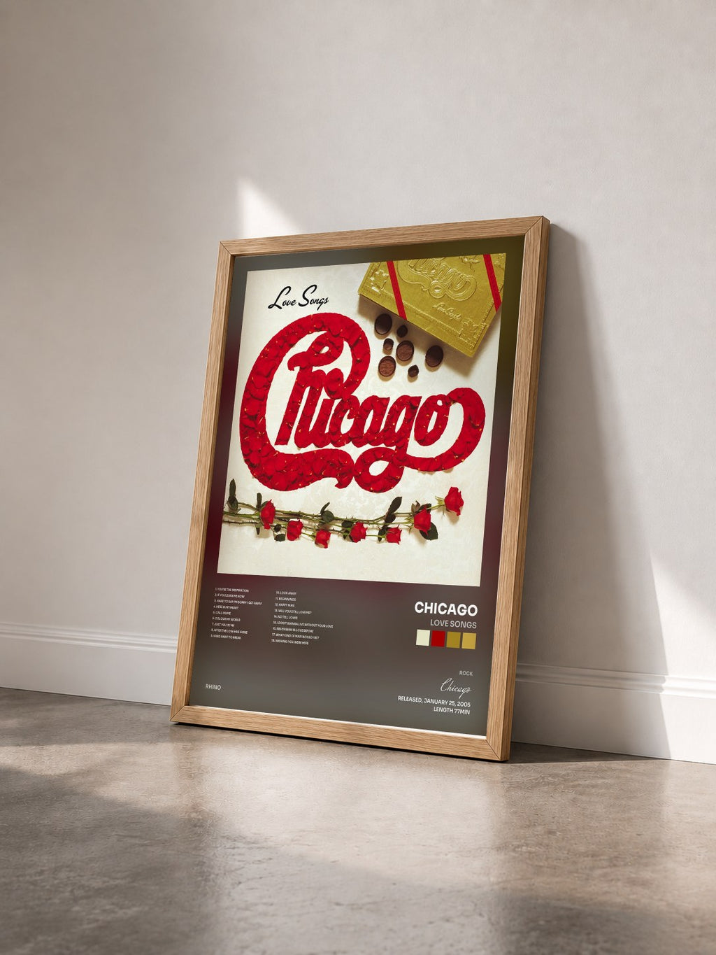 #bois Tableau de l'album Love Songs de Chicago vu de trois quarts, cadre en bois brut
