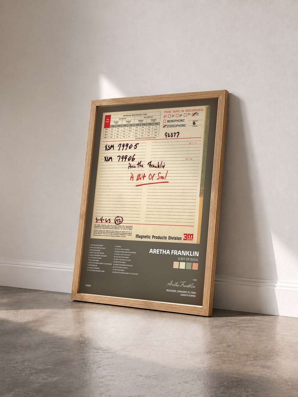 #bois Tableau de l'album A Bit Of Soul de Aretha Franklin vu de trois quarts, cadre en bois brut