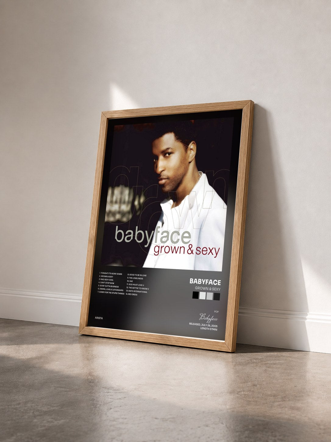 #bois Tableau de l'album Grown & Sexy de Babyface vu de trois quarts, cadre en bois brut