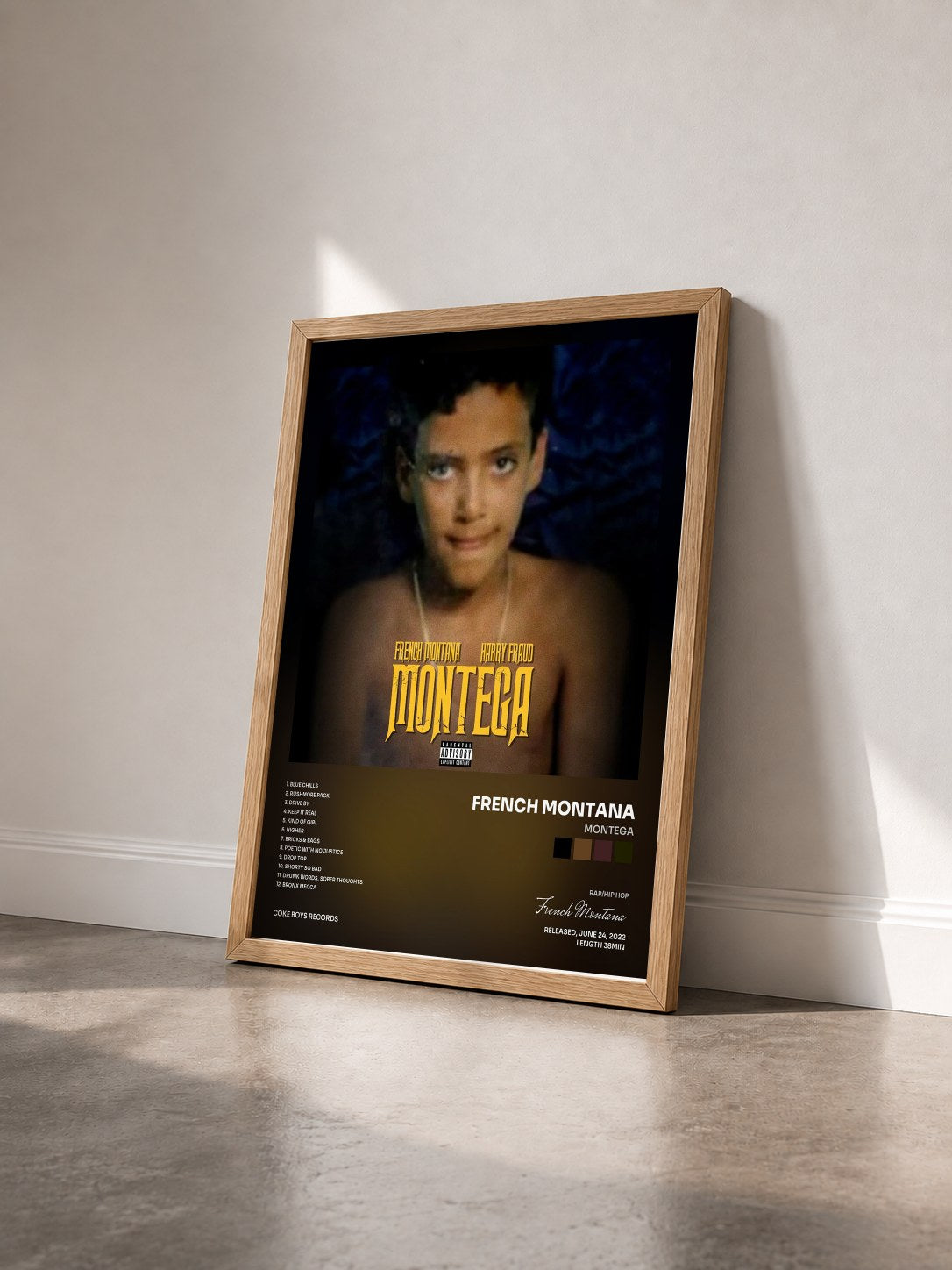 #bois Tableau de l'album Montega de French Montana vu de trois quarts, cadre en bois brut