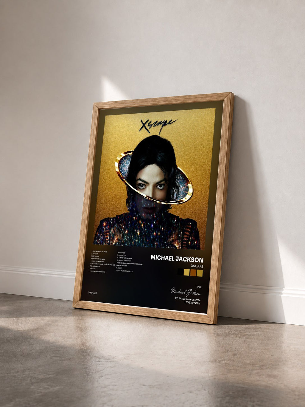 #bois Tableau de l'album XSCAPE de Michael Jackson vu de trois quarts, cadre en bois brut