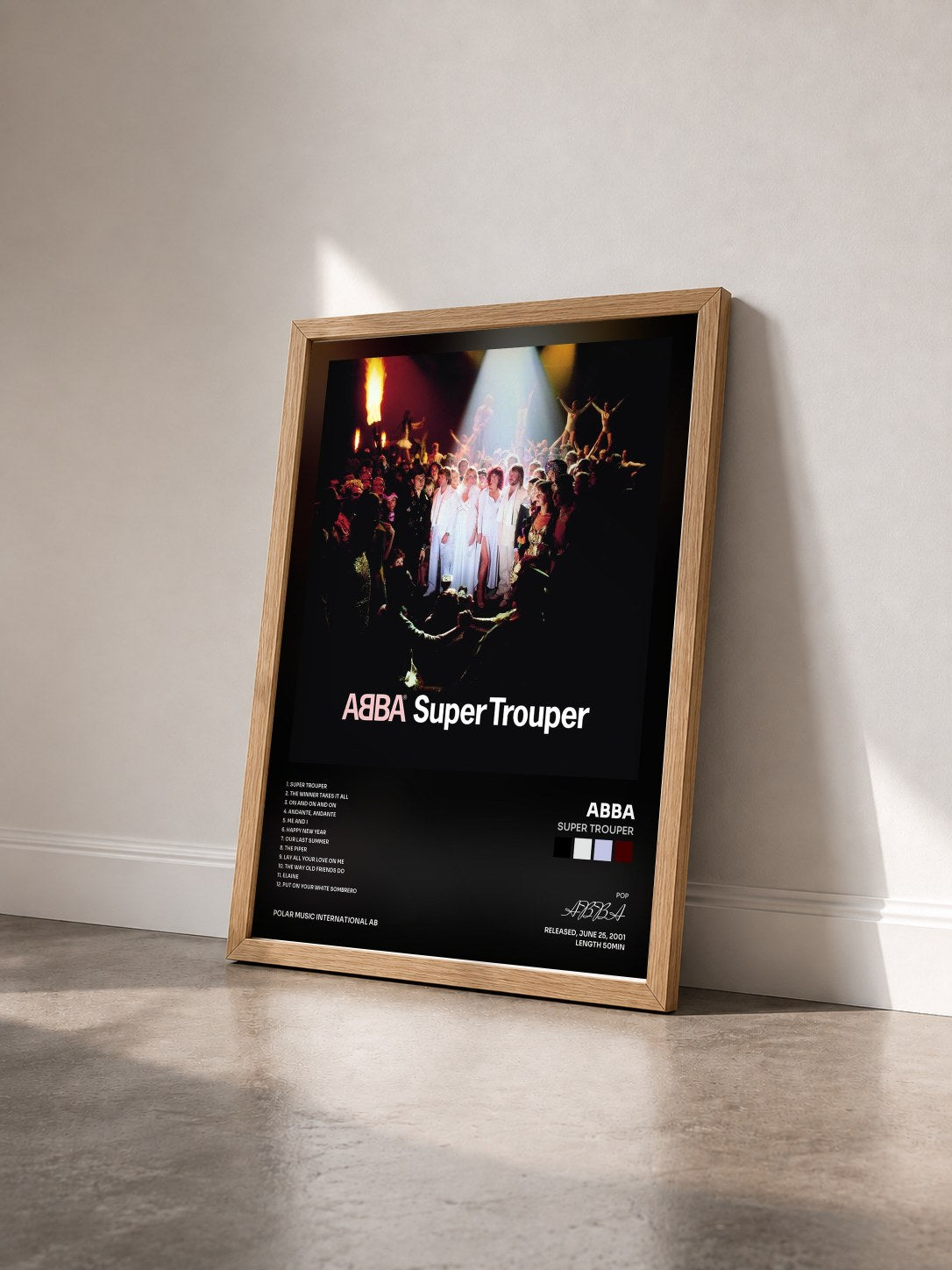 #bois Tableau de l'album Super Trouper de ABBA vu de trois quarts, cadre en bois brut