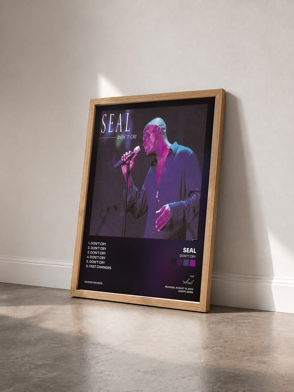 #bois Tableau de l'album Don't Cry de Seal vu de trois quarts, cadre en bois brut